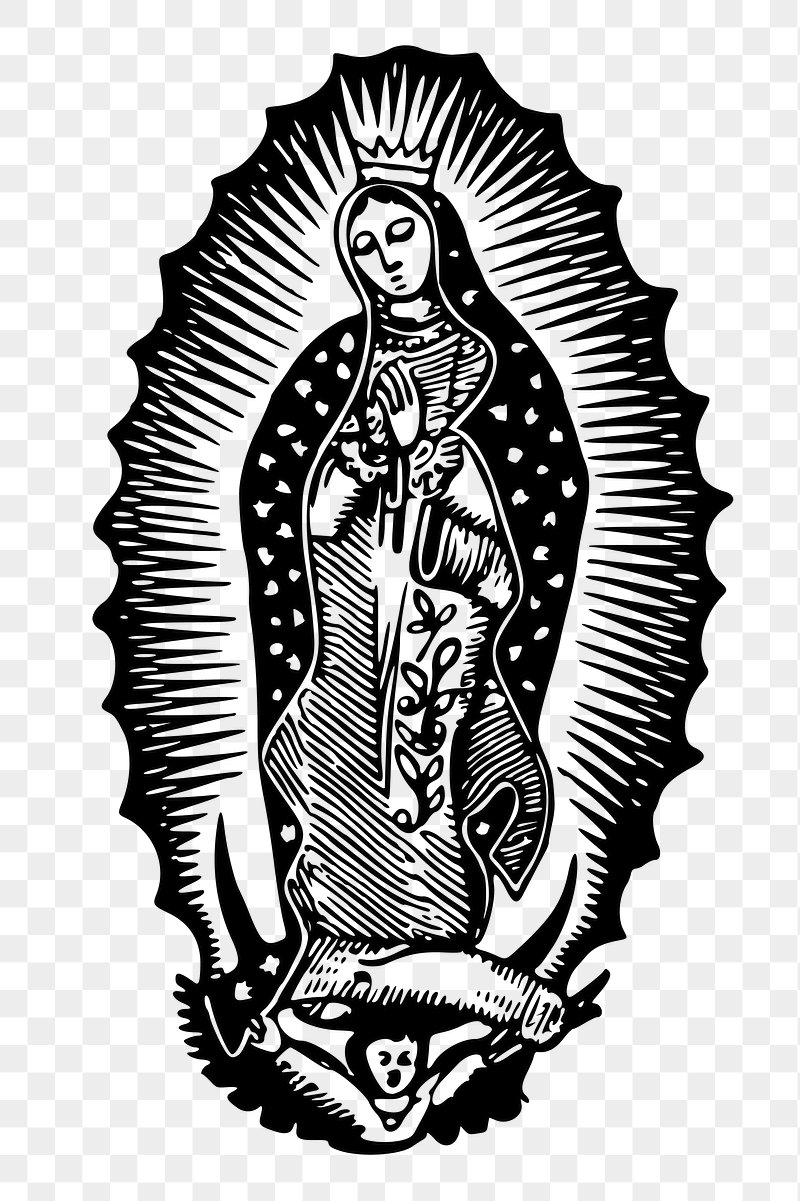 Black-and-white line-art depiction of Our Lady of Guadalupe with radiant halo, stars on mantle, and angelic support beneath her feet.