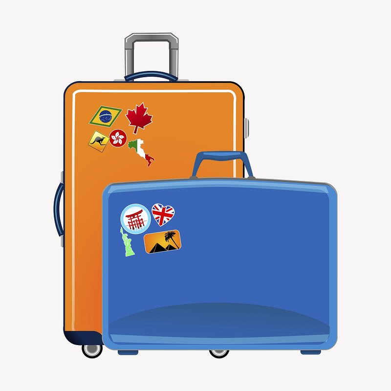 Two colorful travel suitcases with international destination stickers, including Canada, UK, Japan, and Italy.