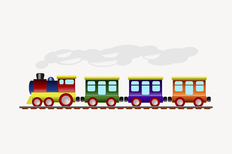 Colorful cartoon train with red engine and three passenger cars on tracks, emitting steam.