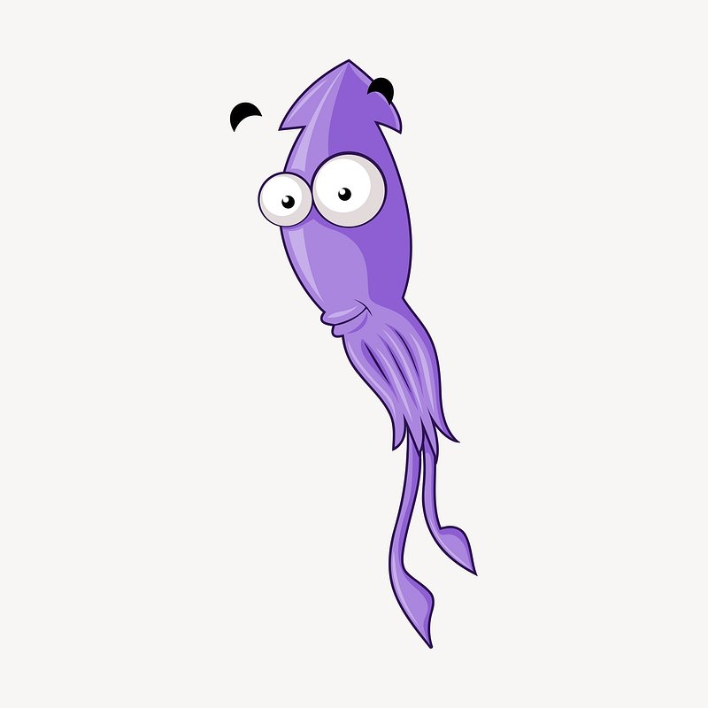 Purple cartoon squid with big eyes and playful expression on white background.