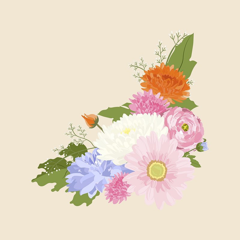 A colorful floral bouquet with pink, white, blue, orange, and purple flowers and green leaves on a cream background.