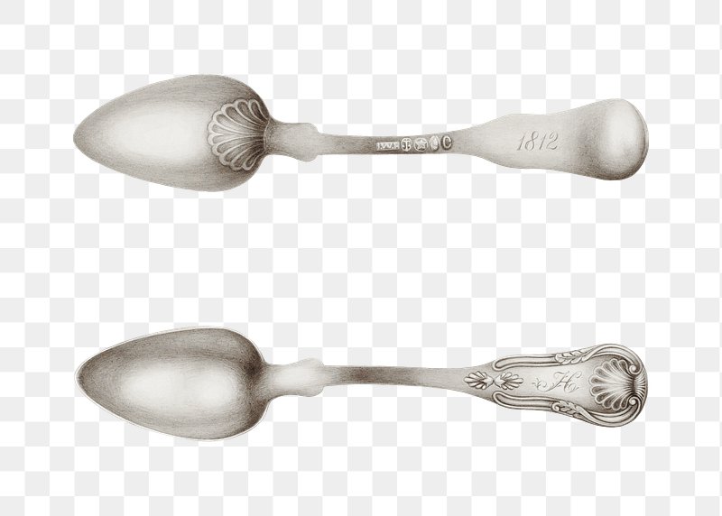 Two antique silver spoons from 1812 with ornate shell motifs and engraved handles, displayed on transparent background.