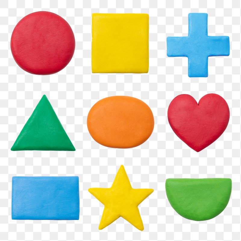 Nine colorful clay shapes including circle, square, triangle, heart, star, oval, rectangle, plus sign, and semicircle on transparent background.