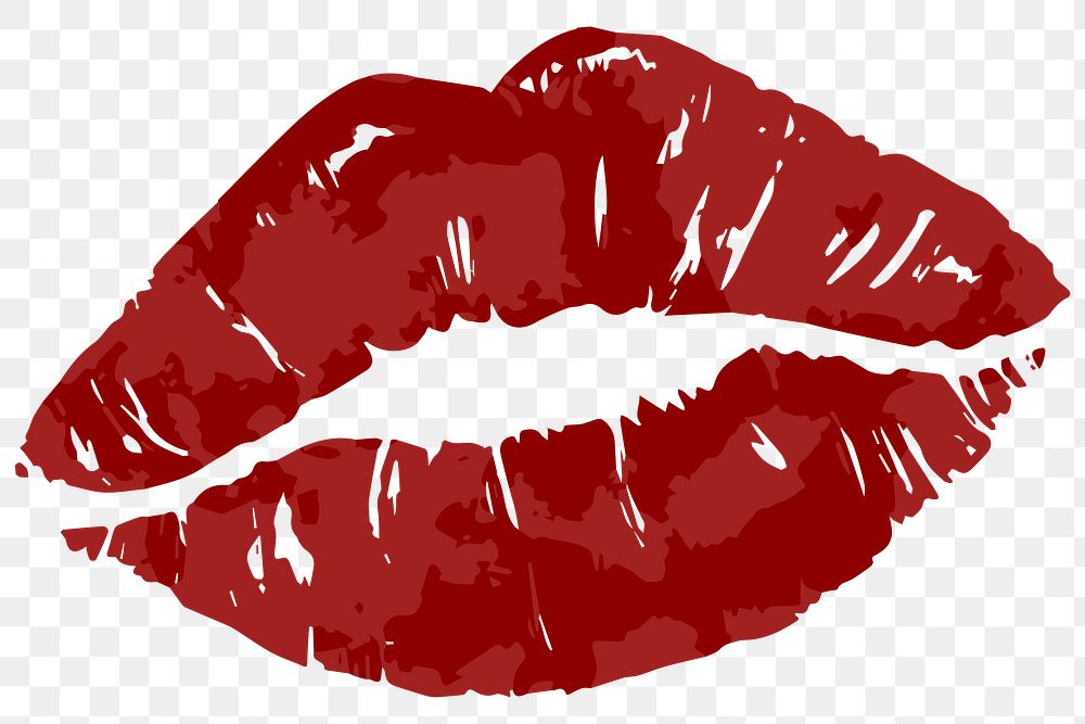 Bold red lipstick kiss mark on transparent background, stylized with texture and highlights.
