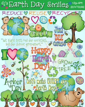Colorful Earth Day clip art with bears, trees, recycling symbols, and eco-messages like "Reduce, Reuse, Recycle" and "Happy Earth Day!"