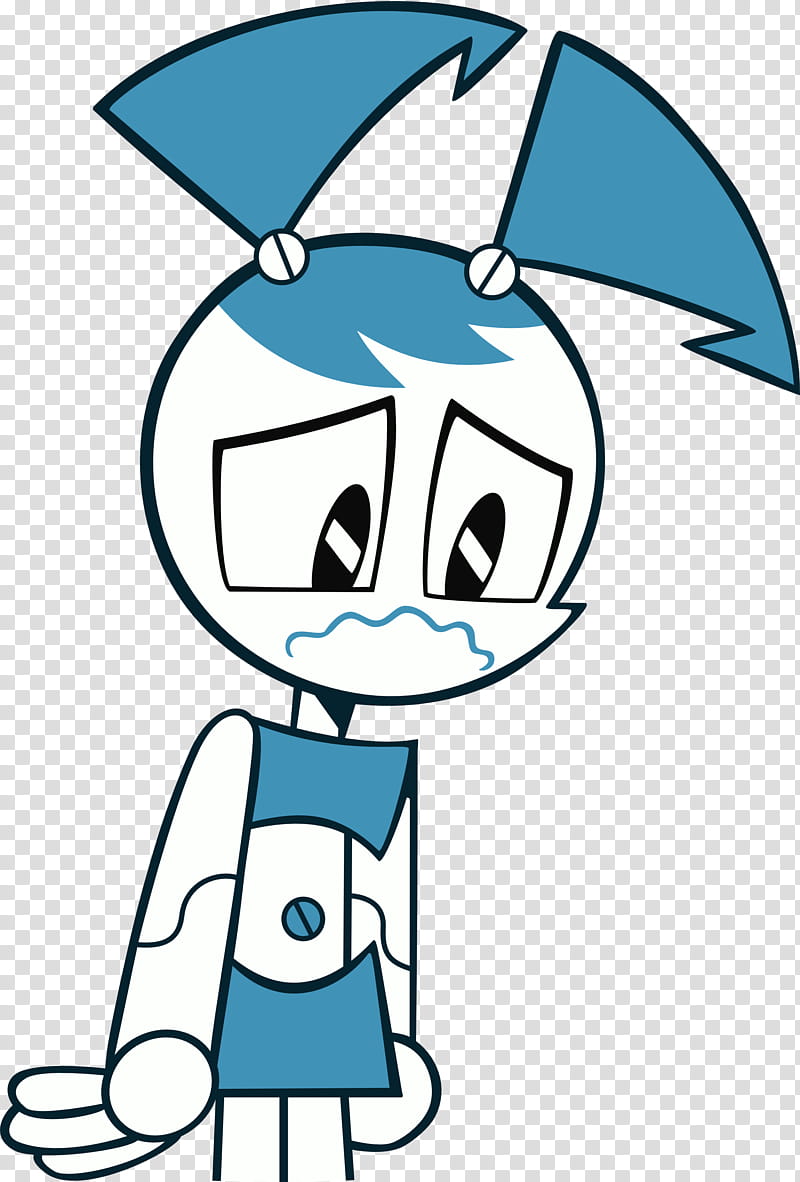 Sad blue-haired robot girl with teardrop and downturned mouth, wearing blue dress and antenna-like hair.