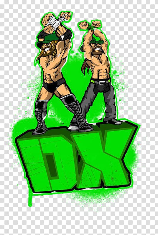 Two muscular wrestlers in green headbands celebrating atop a bold green "DX" logo.