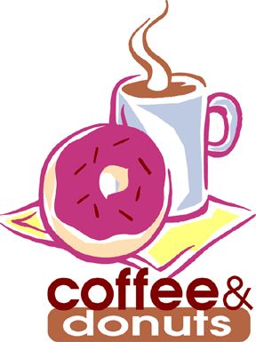 A steaming cup of coffee beside a pink-frosted donut with chocolate sprinkles on a yellow napkin, labeled "coffee & donuts".