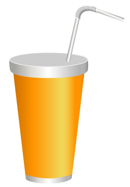 Orange beverage in a disposable cup with silver lid and bendy straw, isolated on white background.