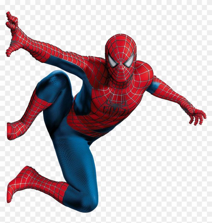 Spider-Man in dynamic mid-air pose, red and blue suit with web pattern, classic Tobey Maguire movie design.