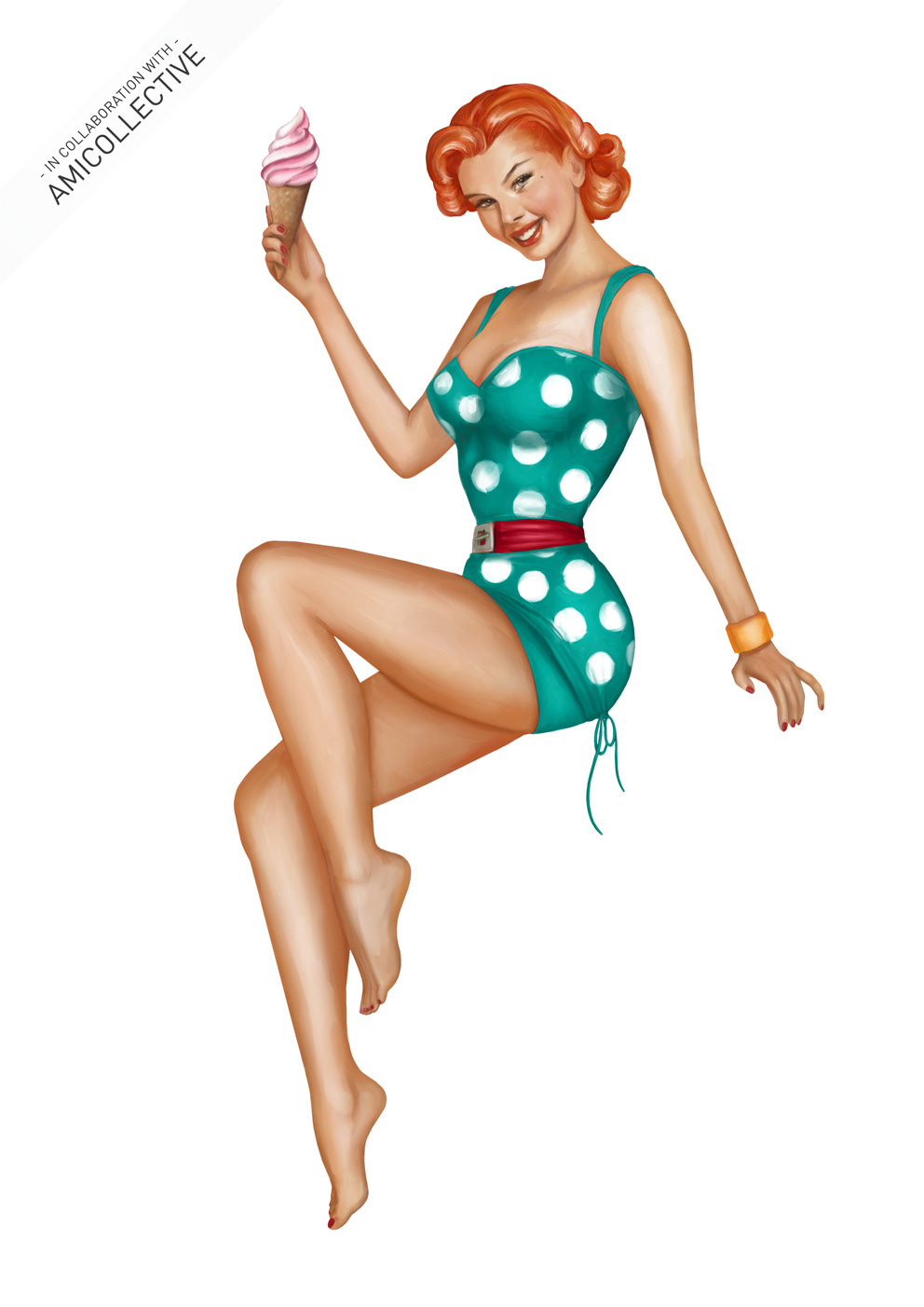 Vintage pin-up woman in teal polka-dot swimsuit holding pink ice cream cone, smiling playfully.