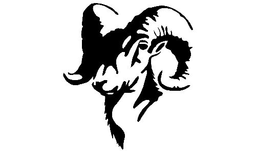 Stylized black-and-white silhouette of a ram’s head with curved horns and fierce expression.