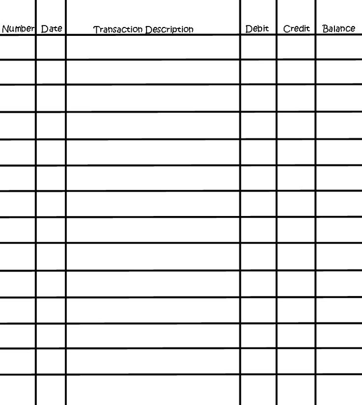 Blank ledger sheet with columns for number, date, transaction description, debit, credit, and balance.