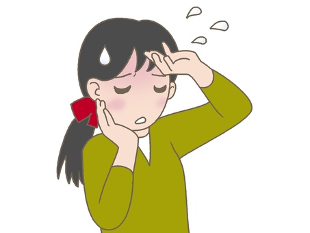 Young woman with headache, sweating, holding her head and cheek in discomfort.