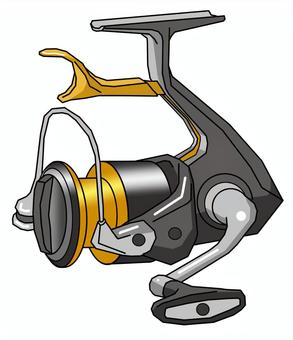 Illustration of a modern spinning fishing reel with black, silver, and gold components.