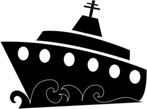 Black silhouette of a luxury cruise ship with portholes, bridge, and cross-topped mast sailing on stylized waves.