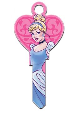 Disney Princess Cinderella-themed decorative key with pink heart background and blue gown illustration.