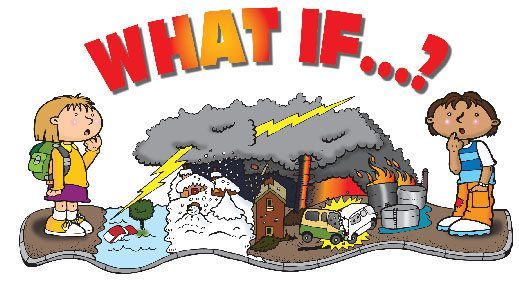 Two children ponder environmental disasters-floods, wildfires, pollution, and storms-under a "WHAT IF...?" headline.