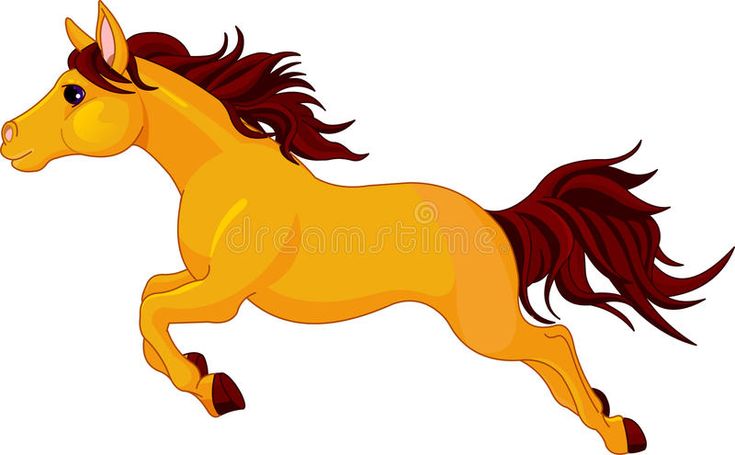 Golden cartoon horse with dark red mane and tail galloping dynamically on white background.