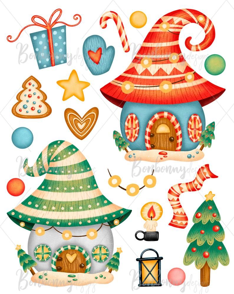 Whimsical Christmas-themed illustrations including mushroom houses, gingerbread cookies, candy canes, trees, and gifts.