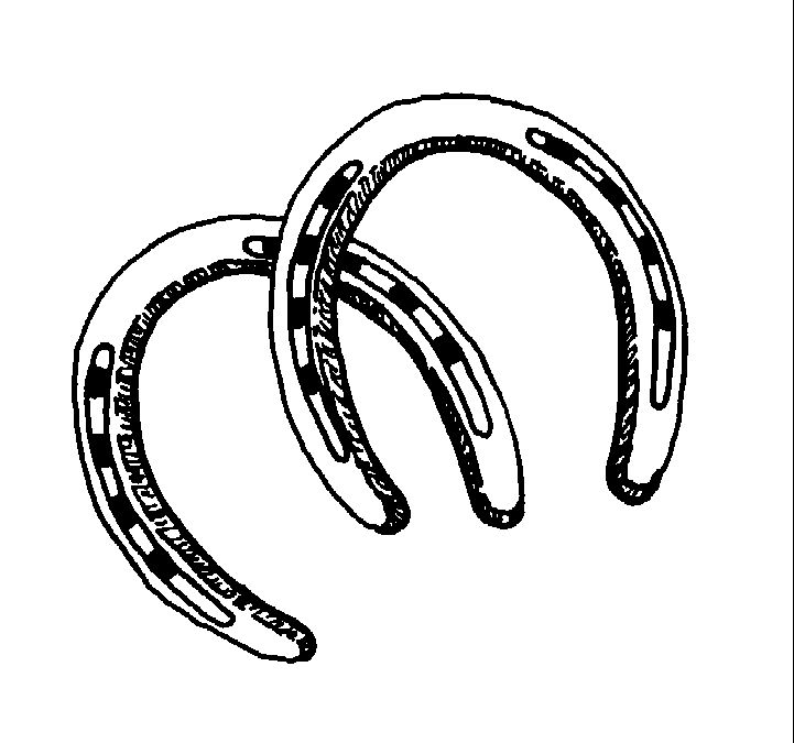 Two overlapping horseshoes illustrated in black-and-white line art with detailed grooves and nail holes.