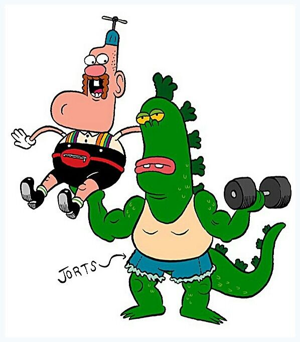 A muscular green pickle-lizard lifts dumbbells while a startled man with a propeller hat rides on its shoulder, labeled "JORTS".