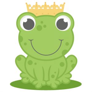 Green cartoon frog wearing a golden crown, smiling on a lily pad.