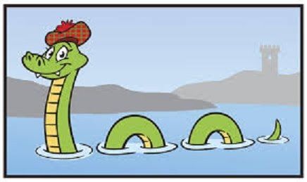 A cartoon Loch Ness Monster wearing a red tartan hat, emerging from water with humps and a castle in the background.