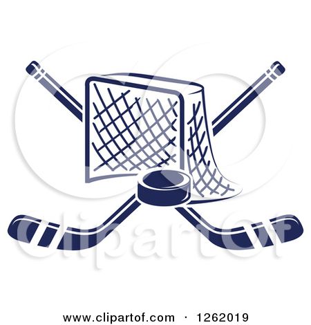 Blue hockey net with crossed sticks and puck on white background