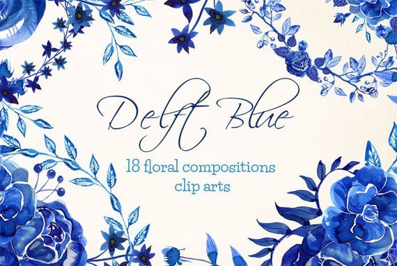 Deep Blue floral clip art set with 18 watercolor compositions in navy and cobalt blue on cream background.