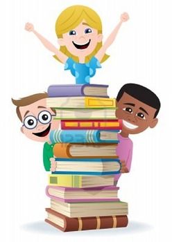 Three joyful children peeking from behind a tall stack of colorful books, celebrating reading and learning.