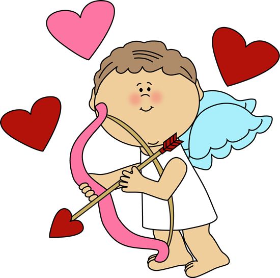 Cute cartoon Cupid with blue wings, holding a pink bow and arrow, surrounded by red and pink hearts.