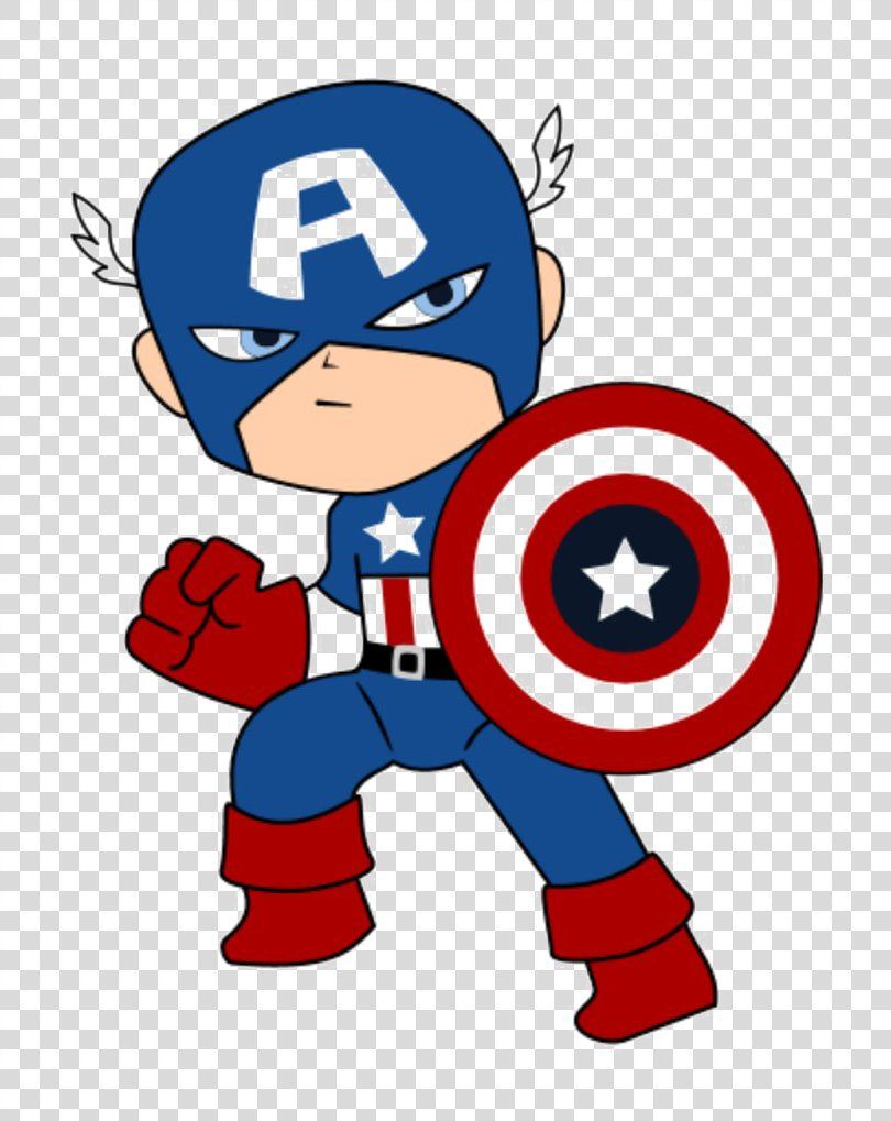 Chibi-style Captain America in classic costume holding shield, ready for action.