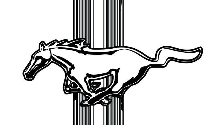 Black-and-white line art of a galloping Mustang horse logo with vertical striped background.