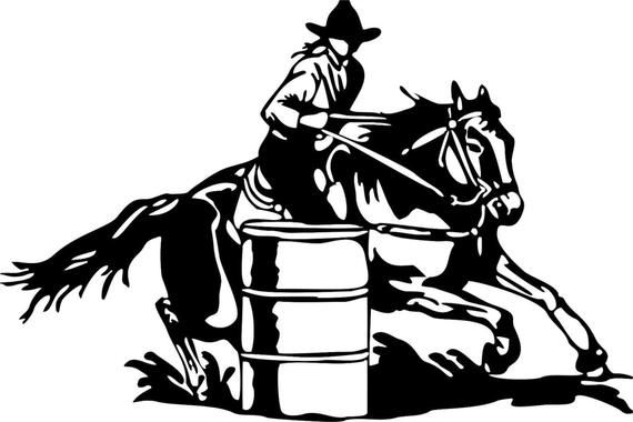 Cowboy on horse rounding a barrel in a rodeo barrel racing event, black-and-white silhouette illustration.