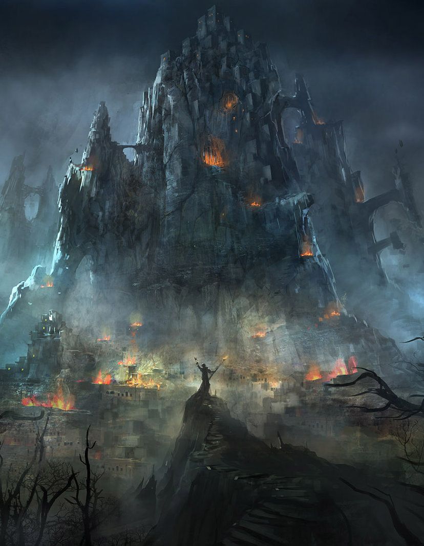 Dark Fantasy Fortress Art - Epic Ruin and Sorcerer Scene