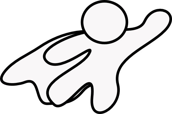 Simple line drawing of a stick figure with a flowing cape, arms outstretched in a flying superhero pose.