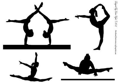 Four black silhouettes of gymnasts performing balance beam and floor routines, including splits, handstands, and leaps.