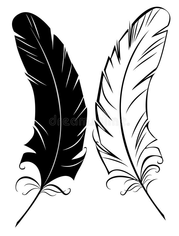 Black and white stylized feather illustrations with ornate quill details, symmetrical design on white background.