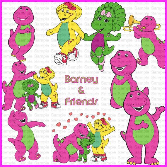 Barney the purple dinosaur and friends including Baby Bop, BJ, and Riff in cheerful poses with hearts and musical instruments.