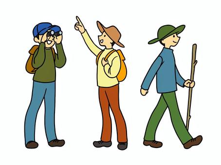 Three cartoon hikers: one with binoculars, one pointing upward, and one walking with a stick.
