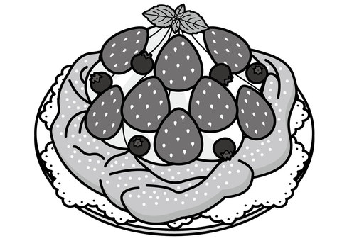 Black-and-white line drawing of a strawberry tart with blueberries and mint garnish on a decorative plate.