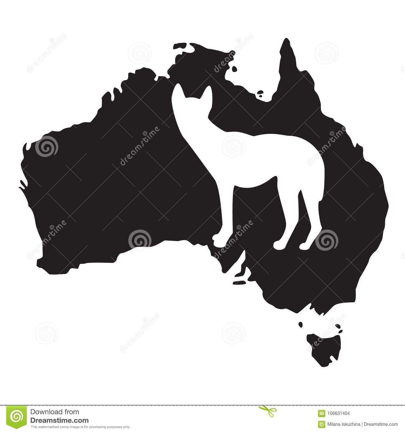 Black silhouette of Australia with a white cat standing in the center, symbolizing Australian feline presence.