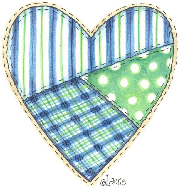 Hand-stitched heart patchwork illustration in blue, green, and white patterns with dashed stitching border.