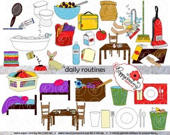 Colorful clipart collage illustrating daily household routines including cleaning, cooking, sleeping, and eating.