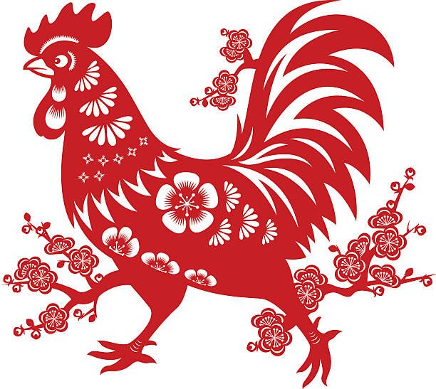 Red paper-cut rooster with floral patterns and plum blossoms, symbolizing the Chinese zodiac Year of the Rooster.