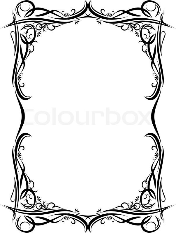 Elegant black-and-white ornate frame with swirling floral and vine motifs, suitable for decorative borders or vintage designs.