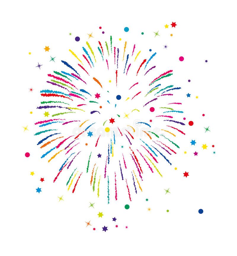 Colorful cartoon-style fireworks explosion with stars and confetti on white background.