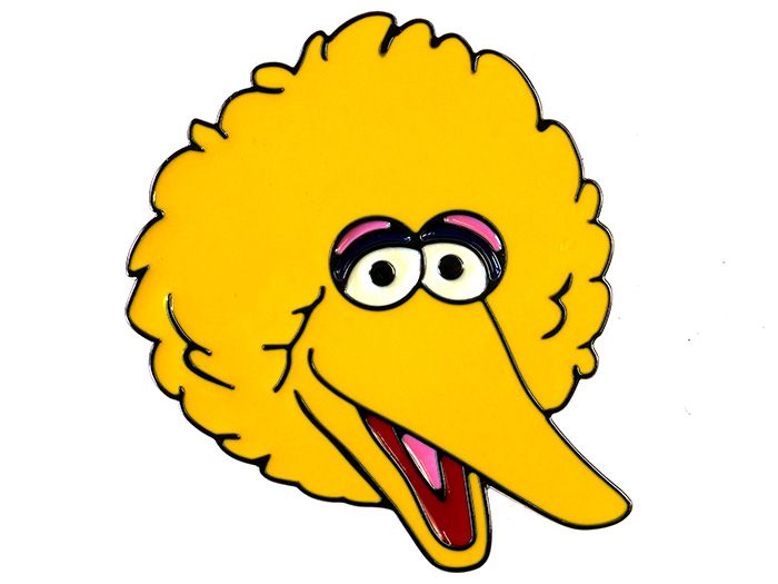 Big Bird’s cheerful yellow face with fluffy feathers, wide eyes, and open beak smiling brightly.