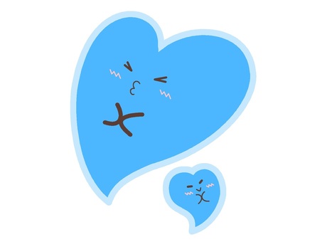 Two blue cartoon hearts with angry, frustrated expressions-one large and one small-illustrating emotional distress or conflict.